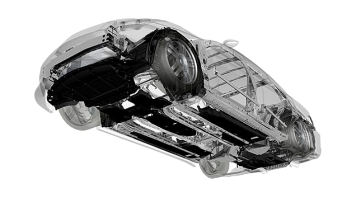 自動車の車体を斜め下から映した3Dイメージ画像。カバー部分が半透明になっていて、内側のフレームが見える状態になっている。