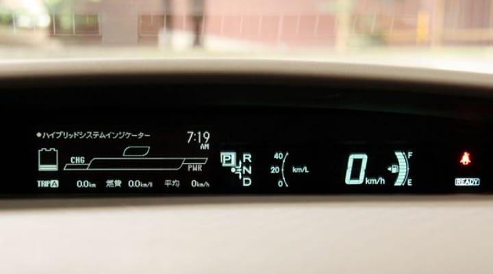 自動車のメーター写真。速度やガソリン残量のメーターがクリアに表示されている。